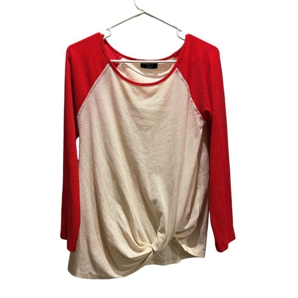 VICI red and ecru long sleeved t-shirt with twist front size medium